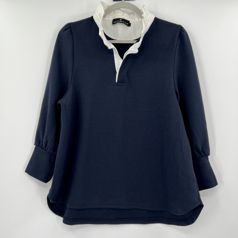 Pomander Place Tuckernuck Charlotte Terry Top Navy Blue Ruffle Collar Blouse S